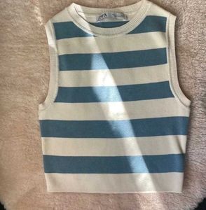 ZARA white and blue strip crop top