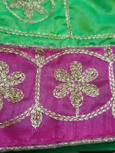 Green Saree with Pink Lace Border