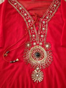 Red Embellished Kurta