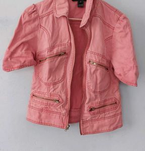 Pink Cropped Zipper Jacket