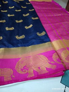 pink &amp; navy blue silk saree with brocade