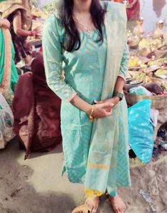 Aqua &amp; Gold Printed Kurta Set