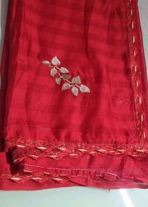 Red Saree With Golden Zari Work
