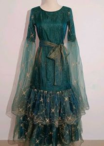 Enchanted Teal &amp; Gold Embroidered Fantasy Gown