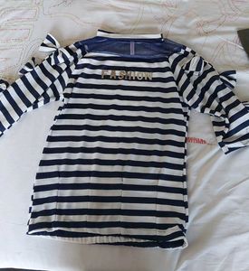 Blue And White Striped Cut Out Shoulder Top