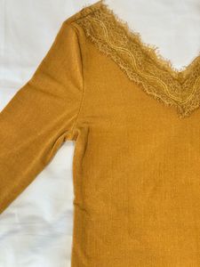 Mustard Lace Trim Long Sleeve Top