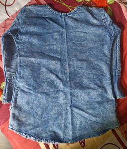 Denim Style Bell-sleeves Front-Bow Top