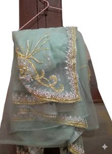 Aqua Net Saree with Silver and Gold Crystal Embell