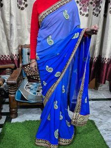 Blue Embroidered Saree with Blouse