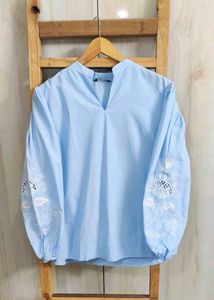 Blue Embroidered Sleeve Top size-42