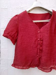New with tag Chic Red Ruffled Button-Down Top
