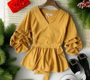 Mustard Ruffle Sleeve Wrap Top