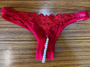 Red Lace Thong with Pearl Detail
