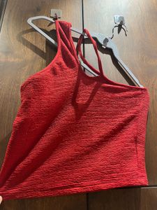 Red Ribbed One-Shoulder Crop Top – AJIO