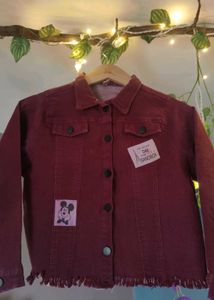 Vintage Wine Crop Denim Jacket with Mickey Patch