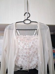 Sheer White Cardigan+Corset Top +Floral Blouse