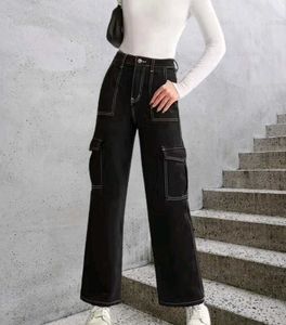 Black Cargo Pants with White Stitching design