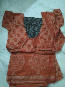 Brown Saree With Long Brick Red Border