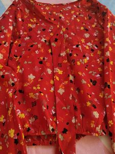 Red Floral Tie-Neck Blouse