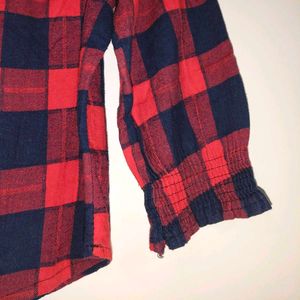 Off Shoulder Red &amp; Navy Plaid Top