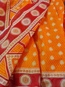 Orange &amp; Red Pure Cotton Saree With Blouse