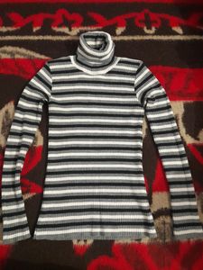 Black And white Stripped High Neck Winter Top