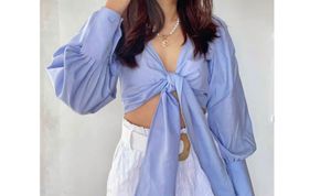 Blue Tie-Front Crop Top