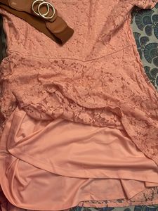 Knee Length Net Bright Peach Dress With Brown Belt