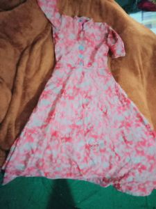pink and golden full flaired long gown short sleeves