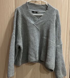 Grey Knit V-Neck Sweater