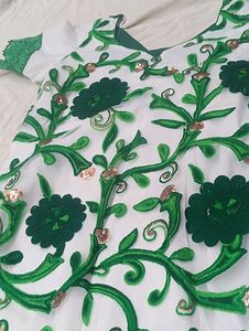 Embroidered White &amp; Green Dress