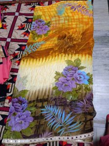 Elegant Brown &amp; Beige Floral Saree With Blooms