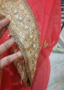 CORAL N GOLDEN NET SAREE