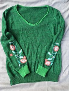 Green Embroidered V-Neck Sweater
