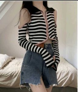 Striped Cold Shoulder Cropped Cardigan