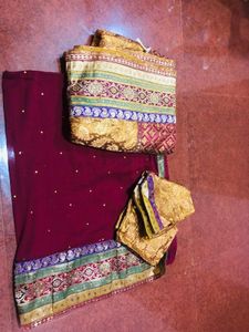 Gold &amp; Maroon Banarasi Silk Georget Lehenga Choli