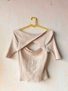 Classy Cream Ribbed Knit Cutout Crop Top