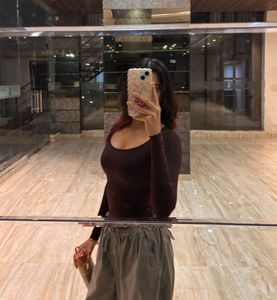 Soft Curve Neck Long Sleeve Top - Brown