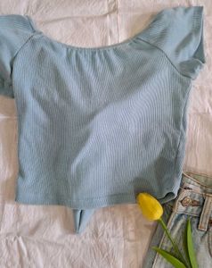 Blue Tie-Front Crop Top