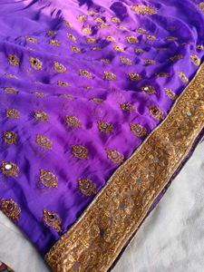 Beautiful Purple Saree With Mirror Work & Blouse