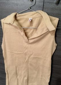 Sleeveless Beige Polo Top