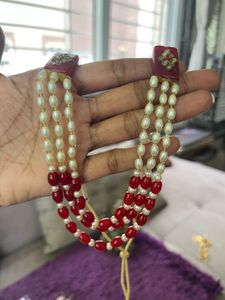Red &amp; Pearl Beaded Necklace &amp; Earrings Set