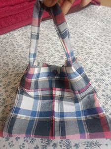 Plaid Tote Bag with Button Detail