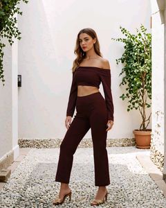 Off Shoulder Full Sleeve Crop Top with Pants Set
