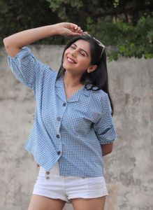 Women cotton checkered shirt sky blue