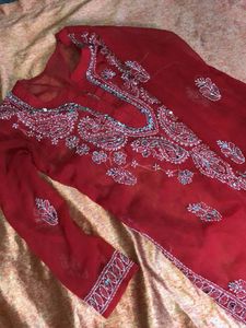 Red Embroidered Chikan Kurti