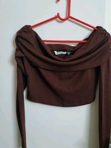 Brown Off-Shoulder Long Sleeve Top