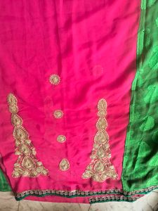 Pink &amp; Green Embroidered Saree😍
