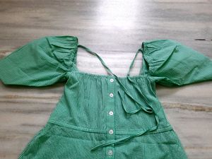 Green Gingham Dress with Puff Sleeves
