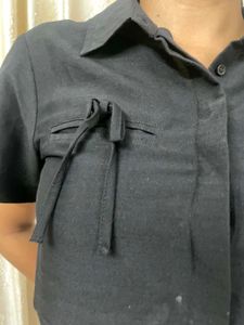 🖤 Glitchez Casual Bow Tie Crop Shirt – Black